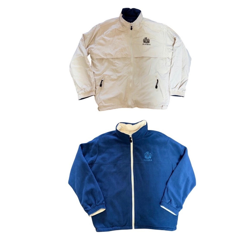 VTG Alaska Reversible Jacket Mens M Cream Blue Fleece Nylon Zip Princess Cruises
